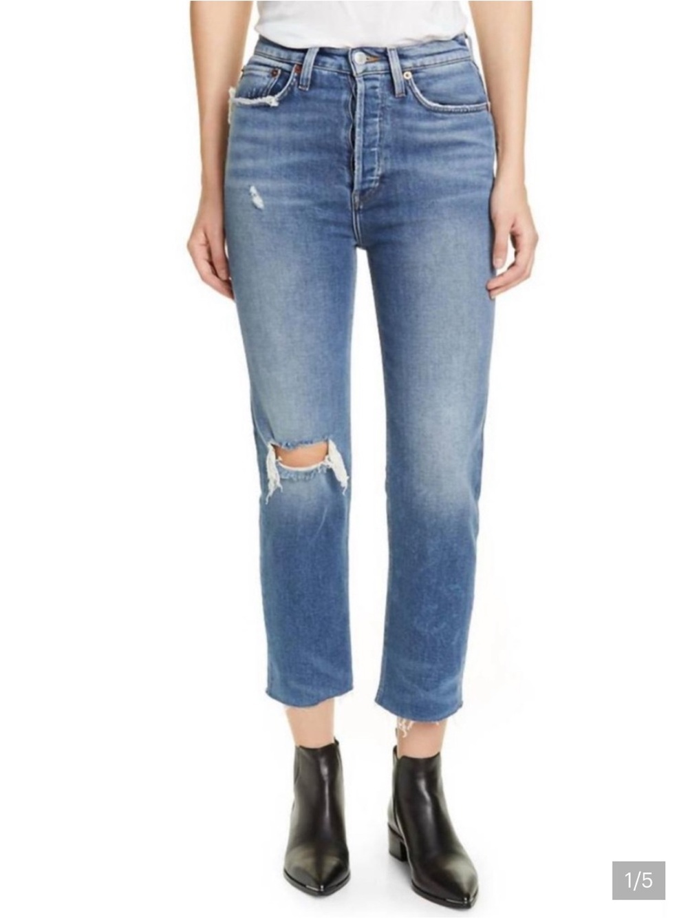 Re/Done Cropped High-Rise Distressed Jeans in Medium Blue